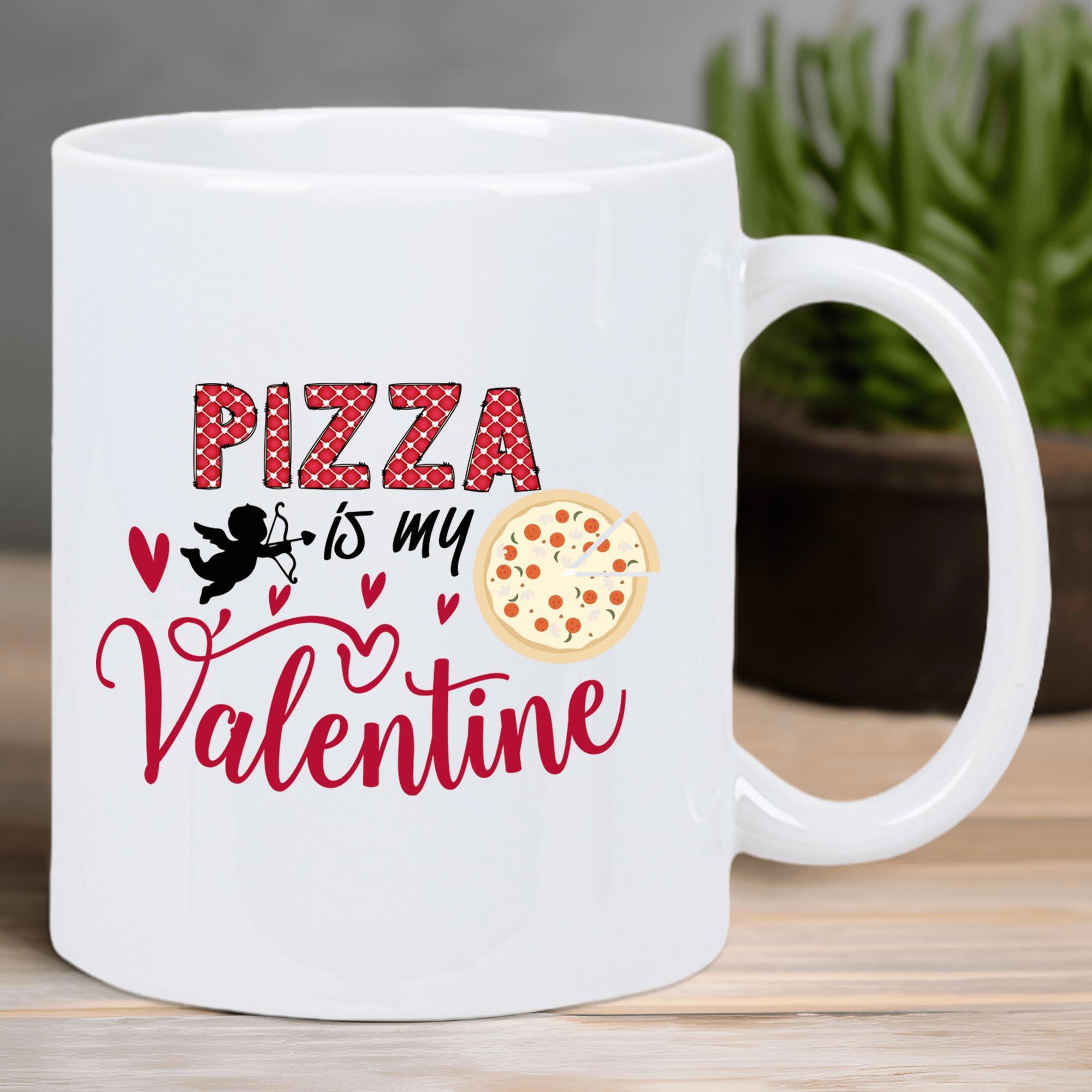Tailorly White Ceramic 11 oz Mug - Pizza Is My Valentine Cute Cupid Silhouette Dancing Among Tiny Red Floating Hearts Pizza