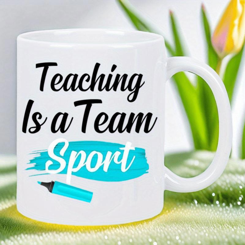 Tailorly White Ceramic 11 oz Mug - Teaching Is A Team Sport Vibrant Blue Brush Stroke Highlighting Text Underneath A Small Tipped Marker