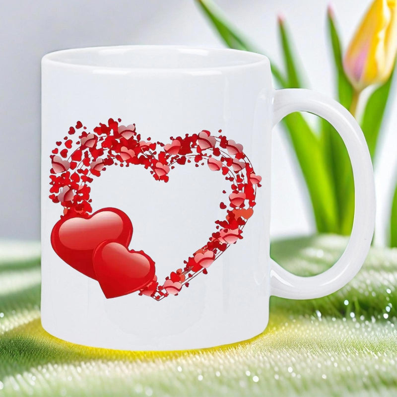 Tailorly White Ceramic 11 oz Mug - Vibrant Red Petals Forming A Frame With Glossy Double Red Heart