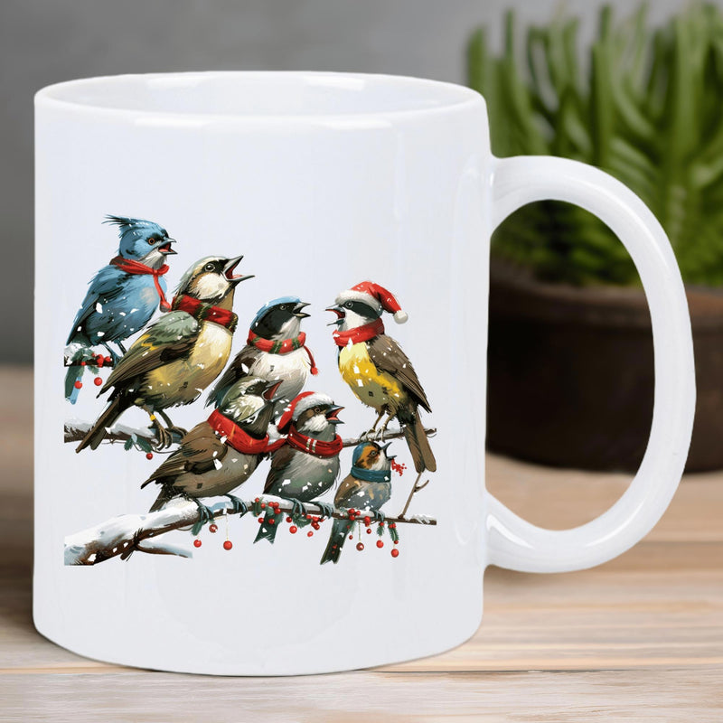 Tailorly White Ceramic 11 oz Mug - Vibrant Singing Birds Wearing Festive Scarves Perched Upon A Snowy Winter Branch Bird