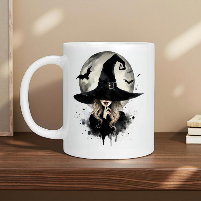 Tailorly White Ceramic 11 oz Mug - Mysterious Dark Witch With Flying Bats Among Glowing Full Moon Witch