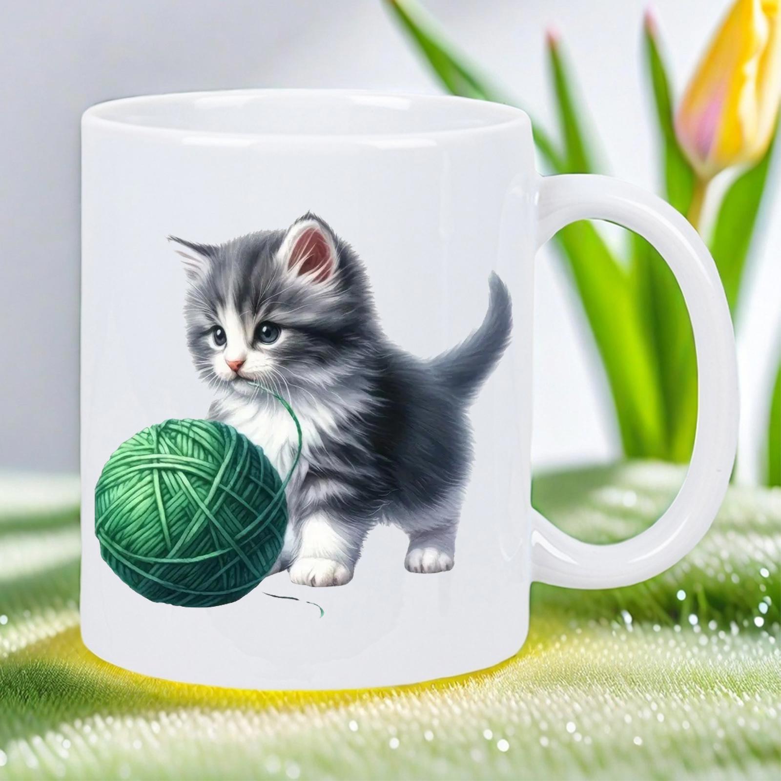 Tailorly White Ceramic 11 oz Mug - Playful Fluffy Grey And White Small Pet Near Vibrant Green Yarn Kitten