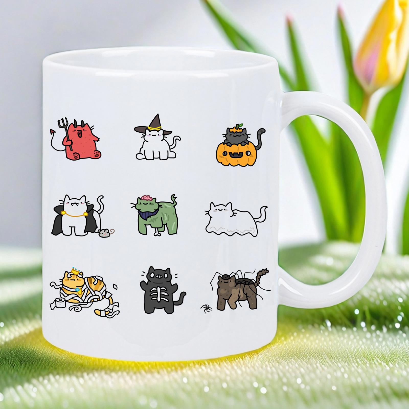 Tailorly White Ceramic 11 oz Mug - Adorable Cartoon Kittens Wearing Various Spooky Halloween Costumes Set Of Nine Cats