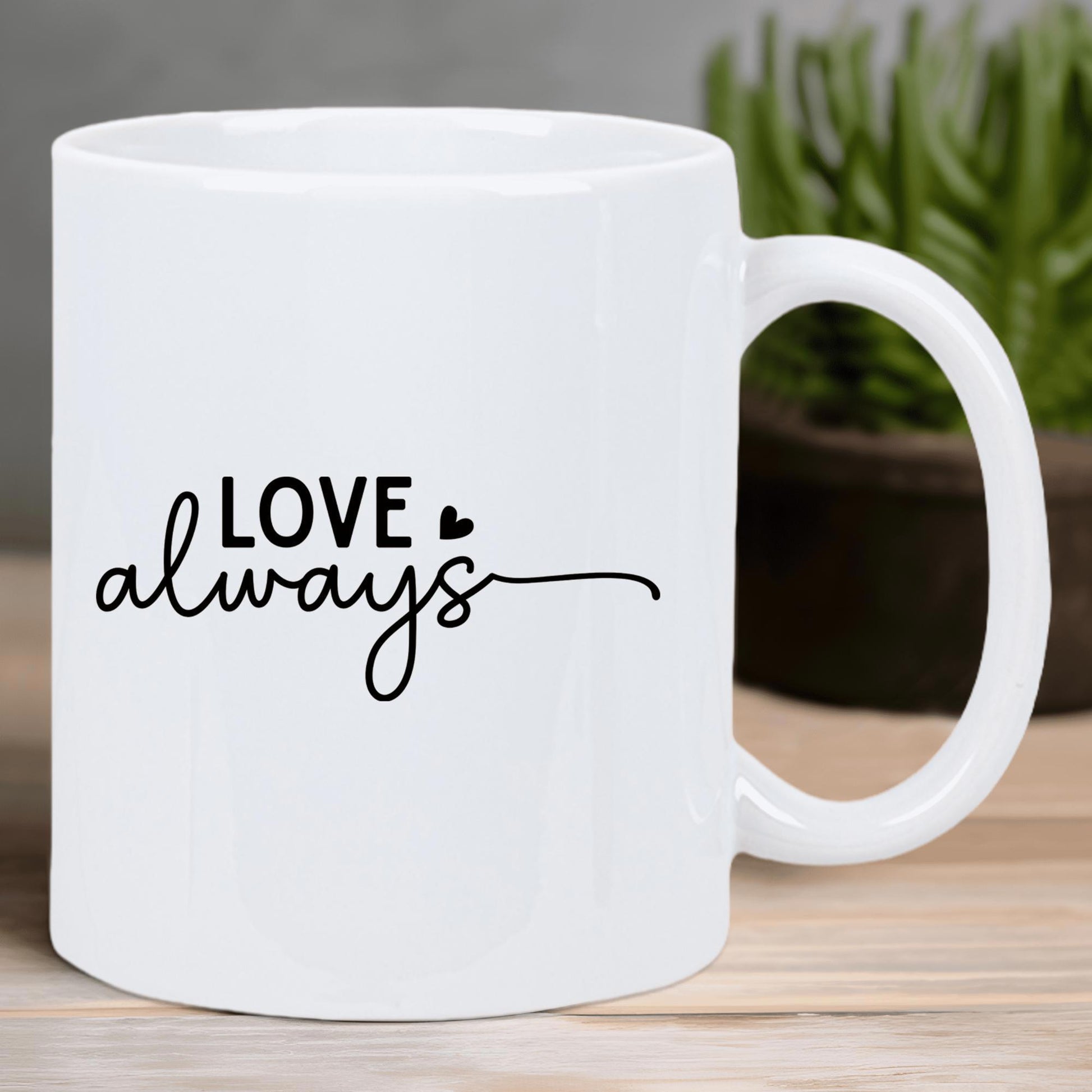 Tailorly White Ceramic 11 oz Mug - Love Always Elegant Script With Tiny Heart And Delicate Flowing Decorative Line Mug