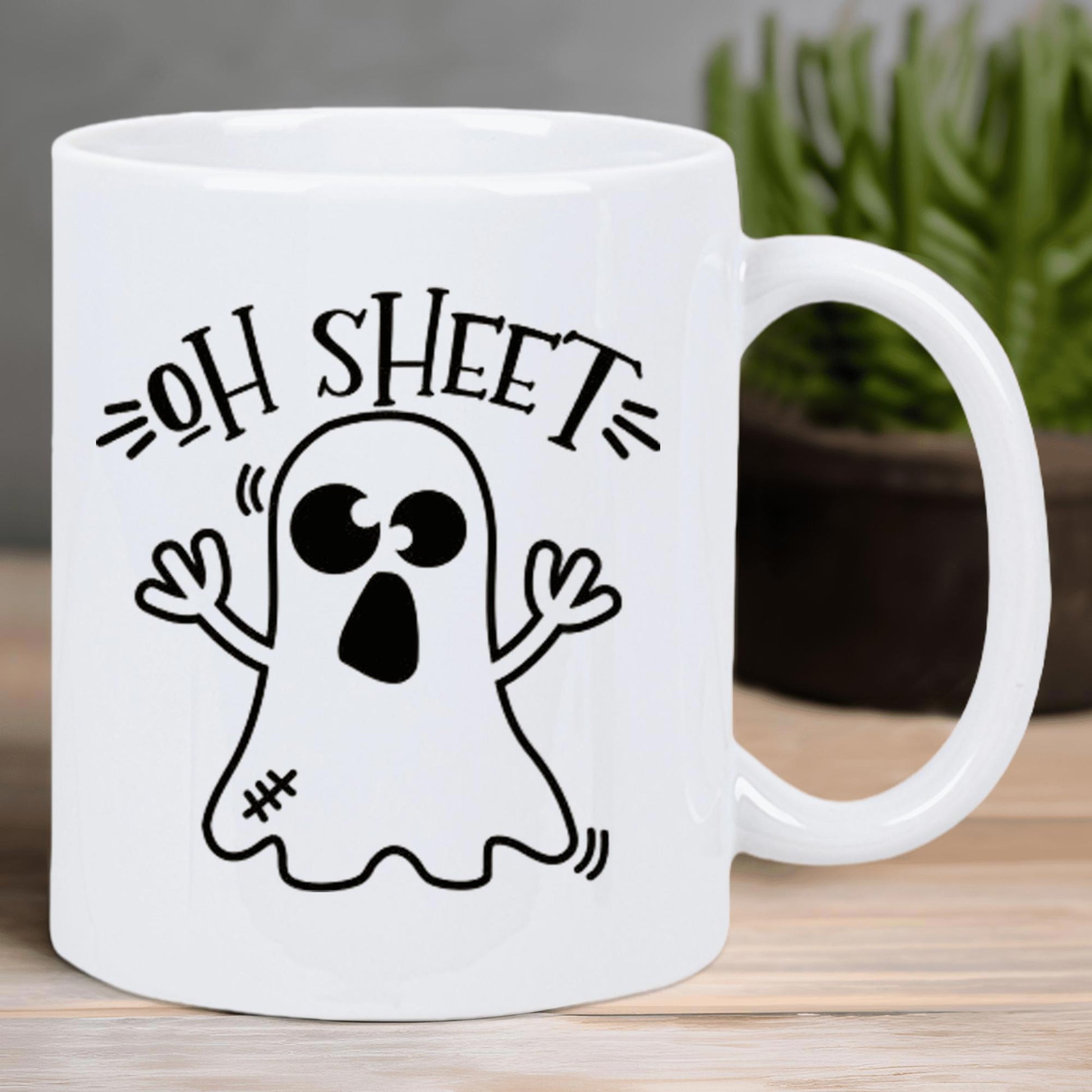 Tailorly White Ceramic 11 oz Mug - Oh Sheet Minimalist Black Line Drawing Featuring A Surprised Cartoon Spirit Ghost