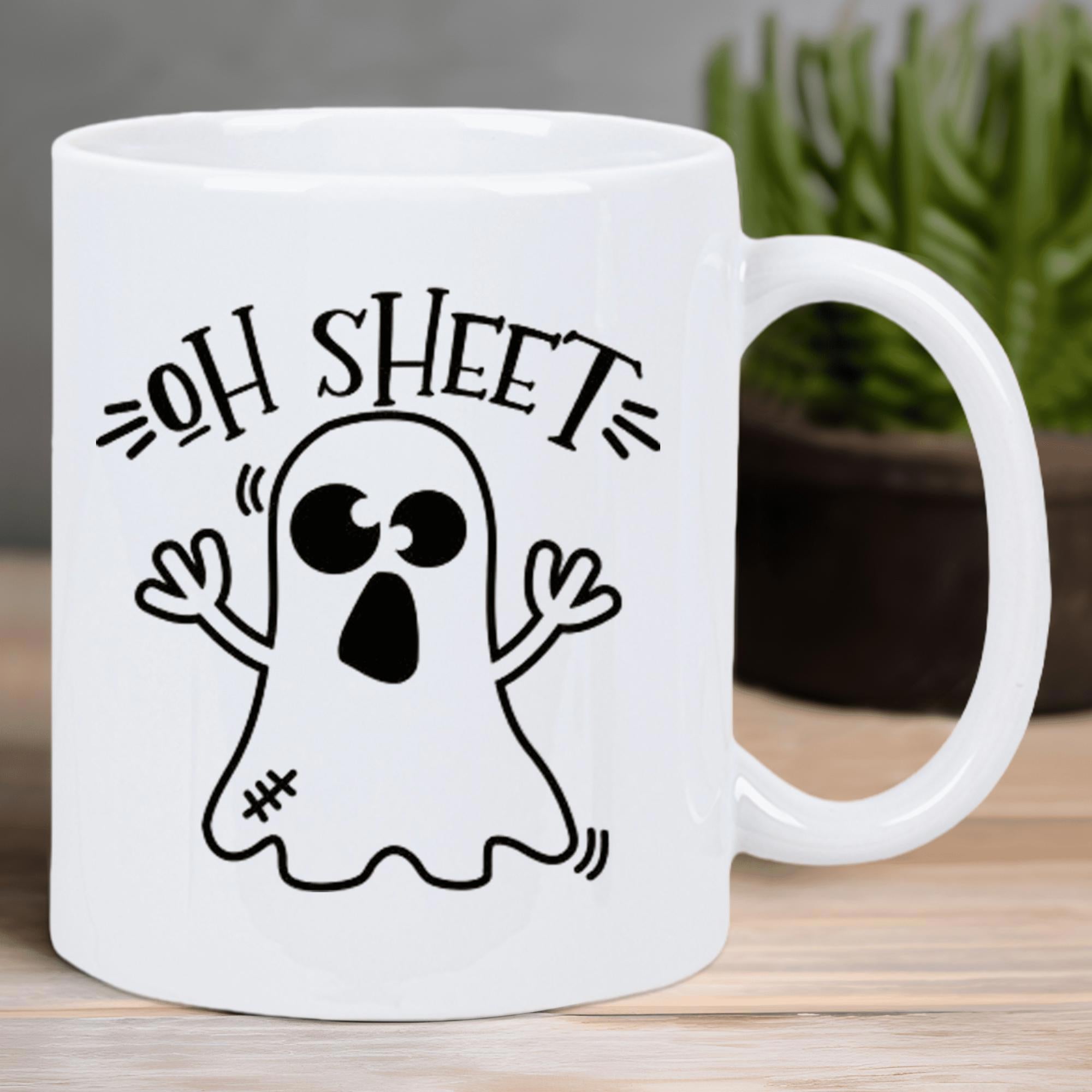 Tailorly White Ceramic 11 oz Mug - Oh Sheet Minimalist Black Line Drawing Featuring A Surprised Cartoon Spirit Ghost