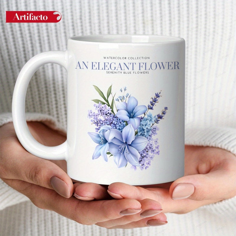 Tailorly White Ceramic 11 oz Mug - An Elegant Flower Serenity Blue Flowers Soft Watercolor Bouquet Featuring Serene Blue And Purple Petals With Leaves Flower
