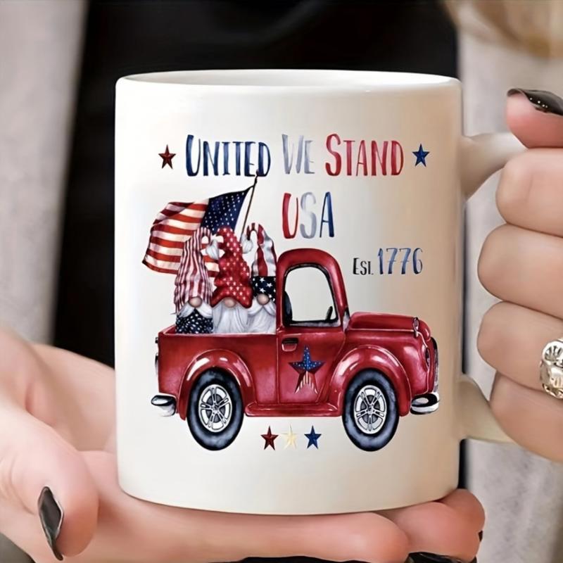 Tailorly White Ceramic 11 oz Mug - United We Stand USA Est 1776 Vintage Red Pickup Carrying Patriotic Gnomes With American Flag And Stars Truck