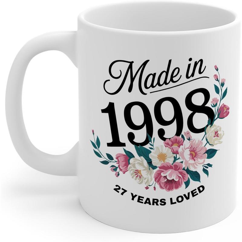 Tailorly White Ceramic 11 oz Mug - Made In 1998 27 Years Loved Elegant Watercolor Floral Bouquet With Soft Pink Roses And Green Leaves Mug