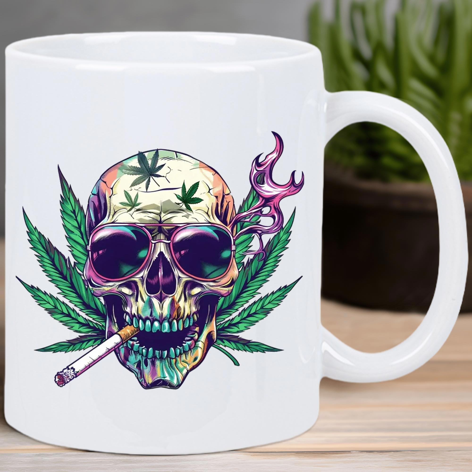Tailorly White Ceramic 11 oz Mug - Artistic Colorful Skull Wearing Sunglasses Smoking Beside Vibrant Green Cannabis Leaves Skull
