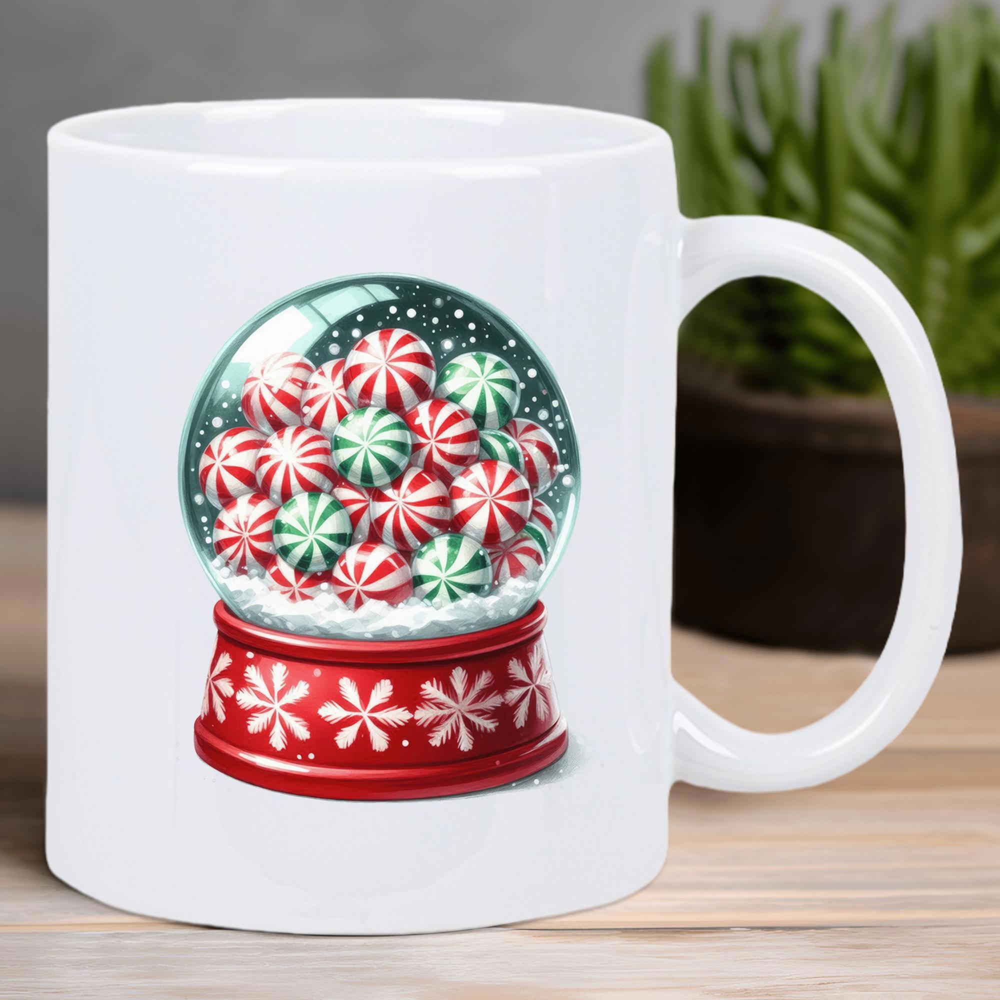 Tailorly White Ceramic 11 oz Mug - Sparkling Glass Globe Filled With Festive Red And Green Peppermint Candies Snowglobe