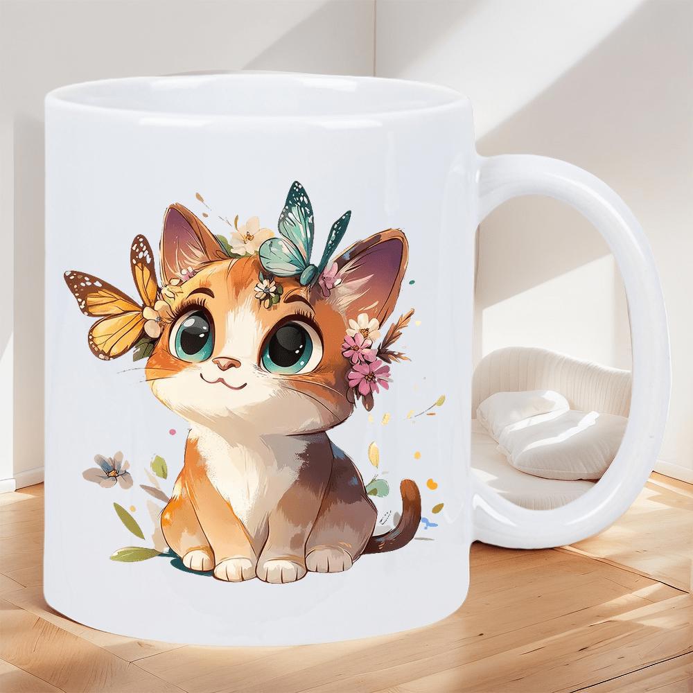 Tailorly White Ceramic 11 oz Mug - Adorable Little Kitten Sitting Peacefully With Vibrant Butterflies And Flowers Cat