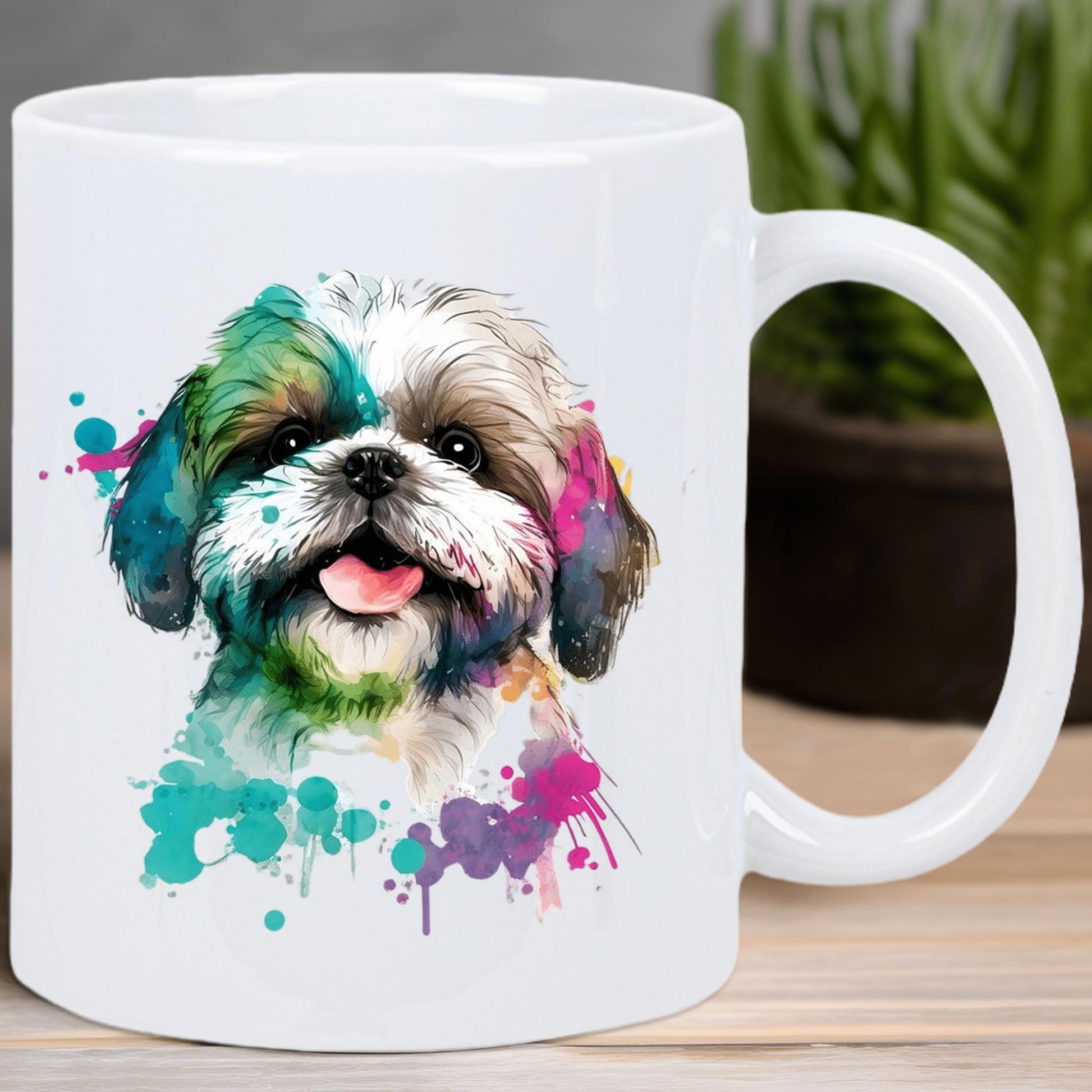 Tailorly White Ceramic 11 oz Mug - Colorful Artistic Watercolor Paint Splatters Surrounding A Happy Fluffy Portrait Shih Tzu