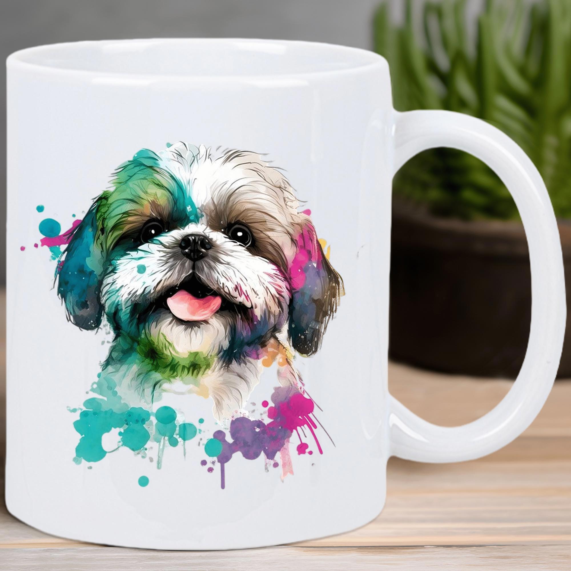 Tailorly White Ceramic 11 oz Mug - Colorful Artistic Watercolor Paint Splatters Surrounding A Happy Fluffy Portrait Shih Tzu