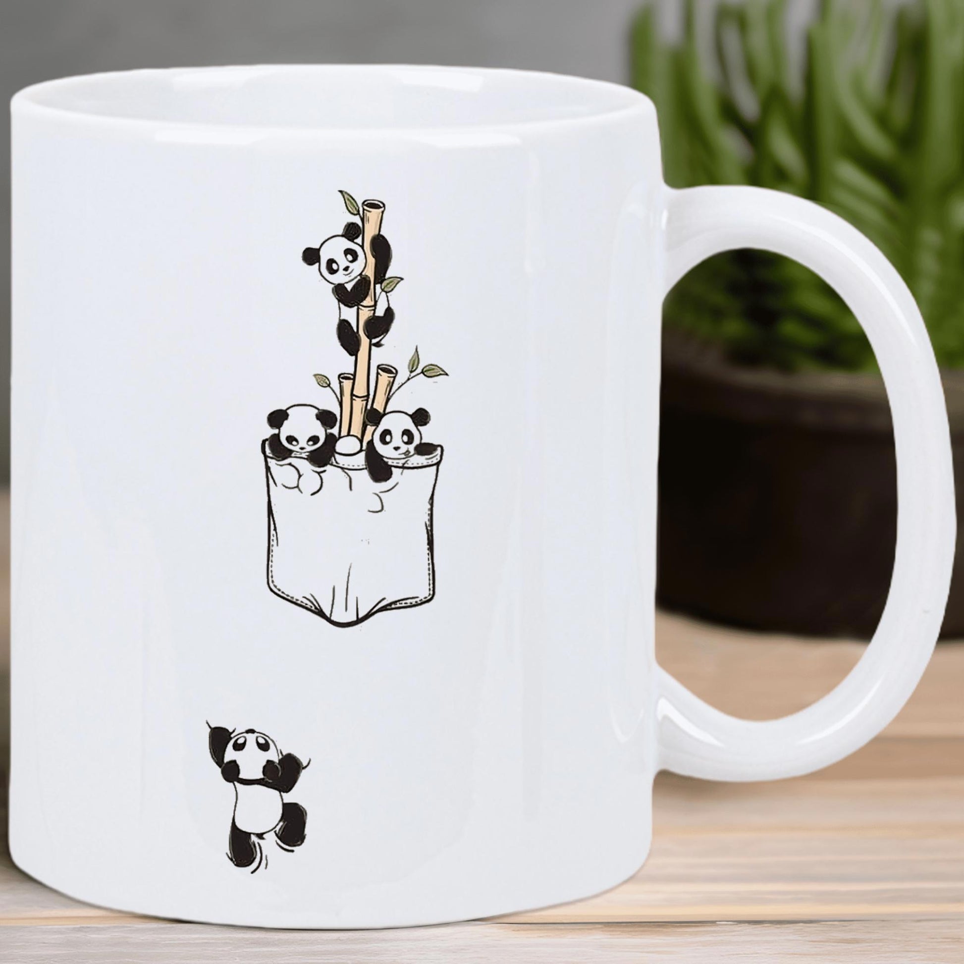 Tailorly White Ceramic 11 oz Mug - Adorable Playful Small Animals Peeking Out From A Minimalist Pocket Hanging Panda