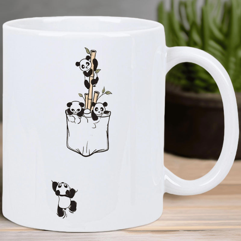 Tailorly White Ceramic 11 oz Mug - Adorable Playful Small Animals Peeking Out From A Minimalist Pocket Hanging Panda