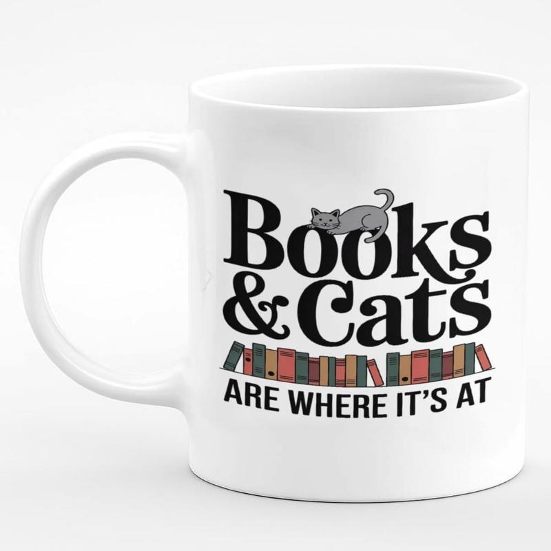 Tailorly White Ceramic 11 oz Mug - Books Cats Are Where Its At Small Gray Feline Resting Comfortably Above A Row Of Colorful Library Cat