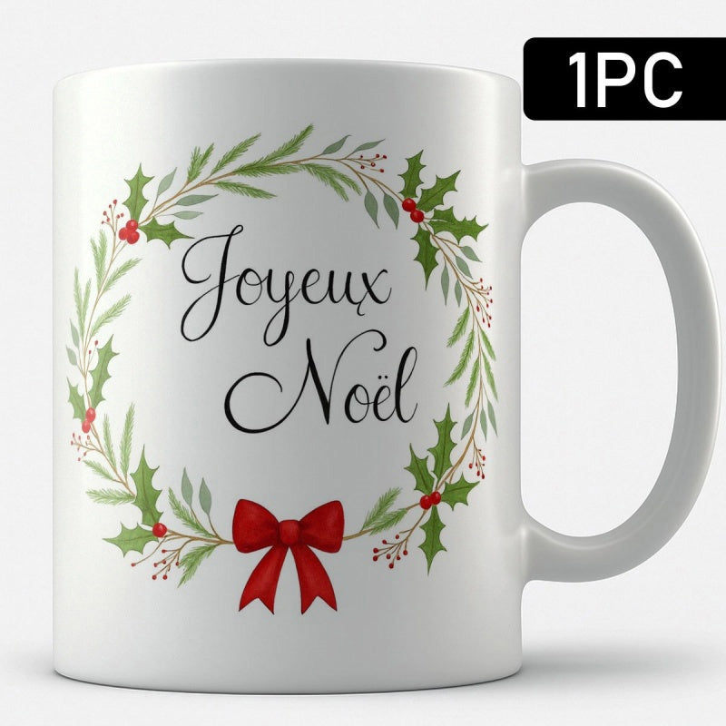 Tailorly White Ceramic 11 oz Mug - Elegant Green Holly Leaves With Red Berries And A Crimson Bow Wreath