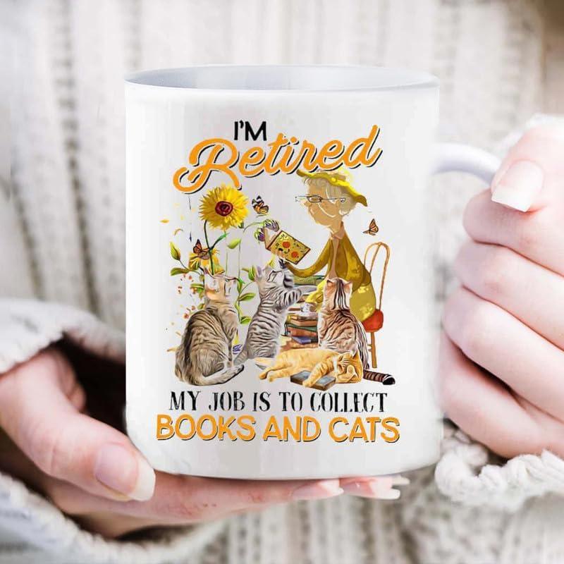 Tailorly White Ceramic 11 oz Mug - Im Retired My Job Is To Collect Books And Cats Cozy Garden Scene With Sunflower Plants And A Reading Woman