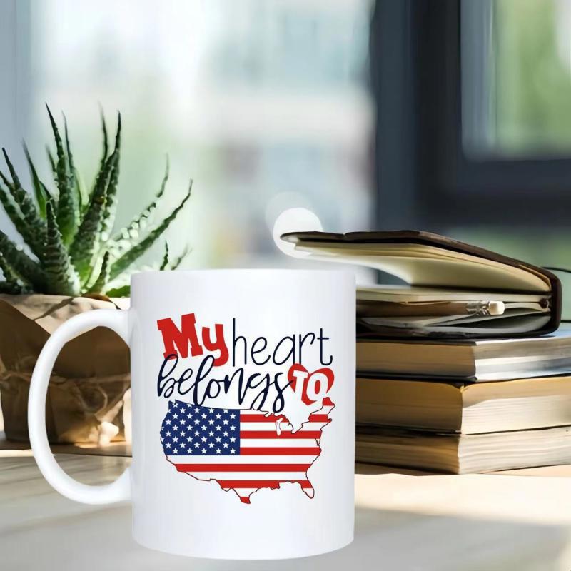 Tailorly White Ceramic 11 oz Mug - My Heart Belongs To Patriotic American Flag Pattern Within A Detailed United States Map Mug
