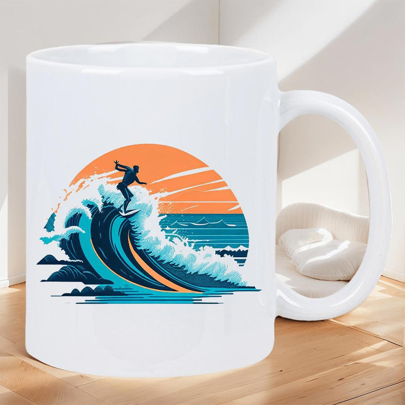 Tailorly White Ceramic 11 oz Mug - Dynamic Silhouette Riding Large Powerful Ocean Waves Under Vibrant Setting Sun Surfer