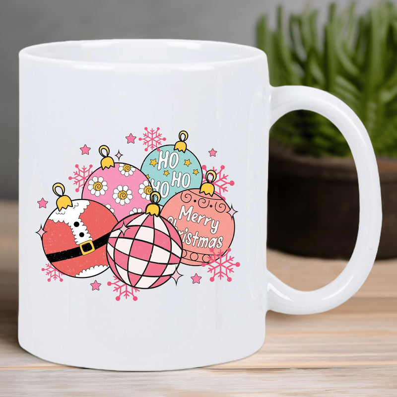 Tailorly White Ceramic 11 oz Mug - Ho Ho Ho Merry Christmas Colorful Festive Ornaments Featuring Sparkling Snowflakes And Stars Ornament