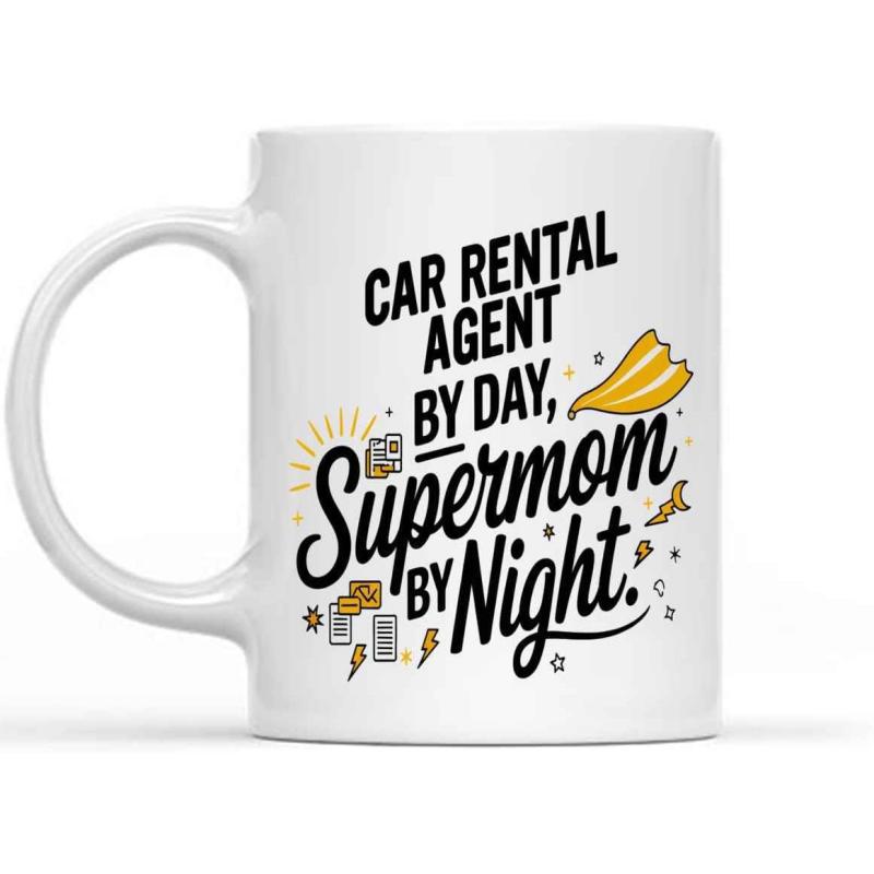Tailorly White Ceramic 11 oz Mug - Car Rental Agent By Day Supermom By Night Golden Soaring Fabric Surrounded By Sparking Stars And Energetic Lightning Bolts Cape