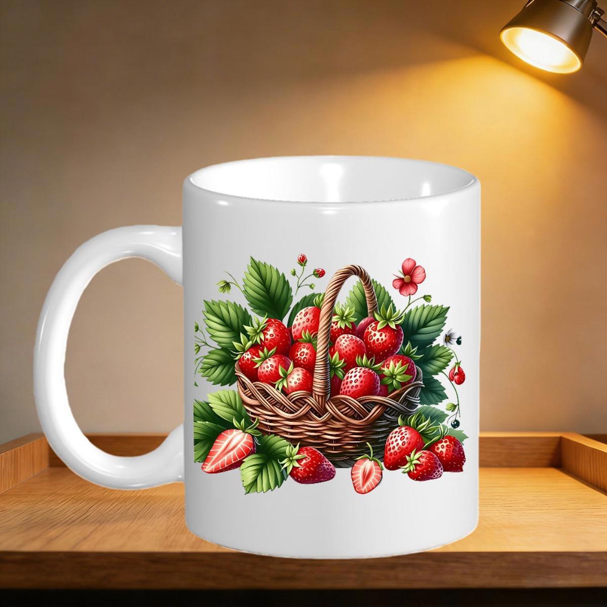 Tailorly White Ceramic 11 oz Mug - Fresh Ripe Red Berries In Woven Basket Surrounded By Vibrant Green Leaves Strawberry