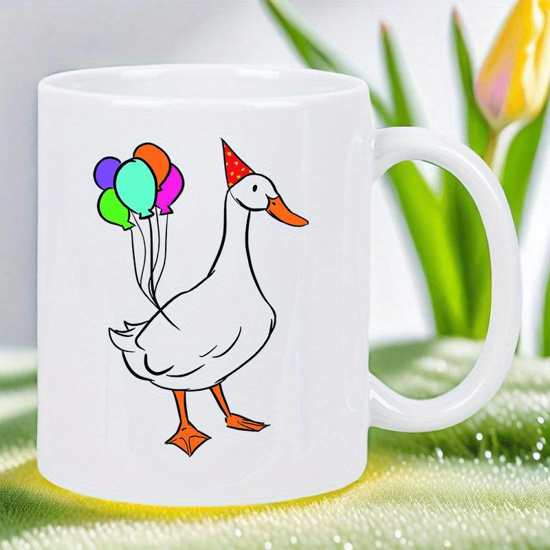 Tailorly White Ceramic 11 oz Mug - Adorable White Goose Wearing Red Party Hat Holding Colorful Festive Balloons Goose