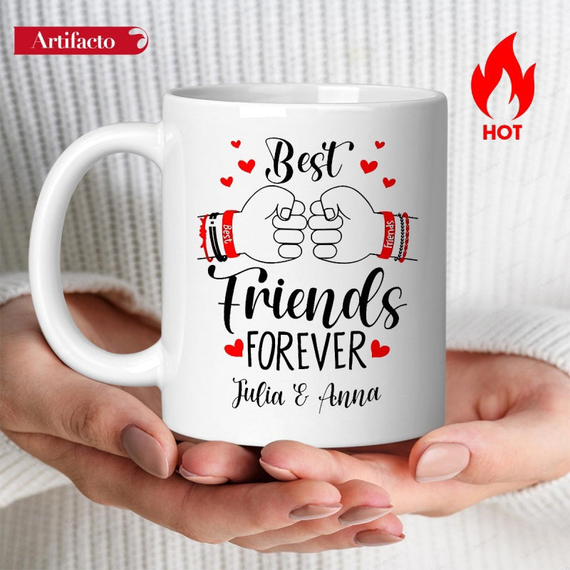 Tailorly White Ceramic 11 oz Mug - Best Friends Forever Julia Anna Two Clenched Fists Bumping Together Among Floating Small Red Heart Mug
