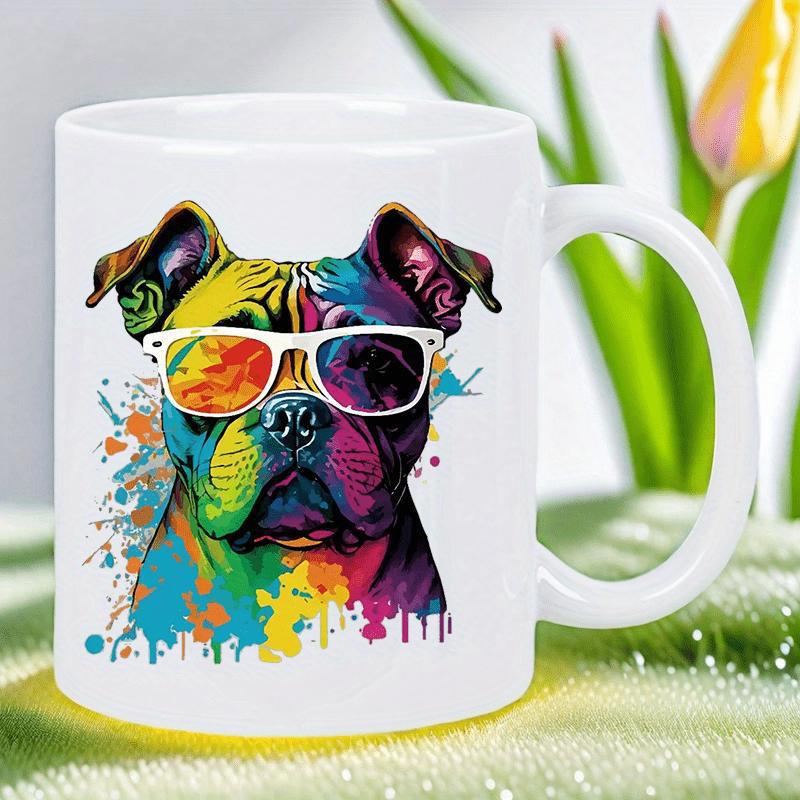 Tailorly White Ceramic 11 oz Mug - Vibrant Colorful Splash Art Style Wearing Sunglasses Cool Artistic Expression Dog