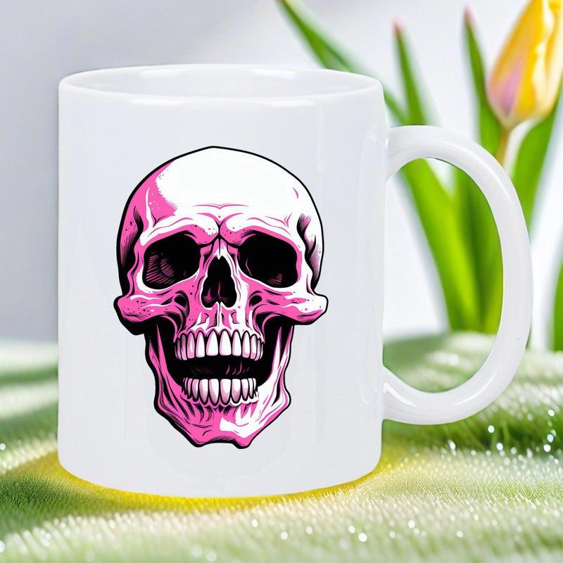 Tailorly White Ceramic 11 oz Mug - Vibrant Pink Stylized Human Anatomy Grinning With Detailed Shading Artistic Skull