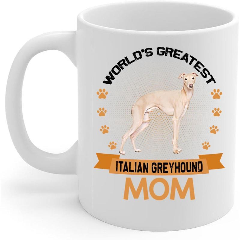 Tailorly White Ceramic 11 oz Mug - Worlds Greatest Italian Greyhound Mom Elegant Slender Tan Dog Standing Amidst Decorative Orange Paw Prints Greyhound