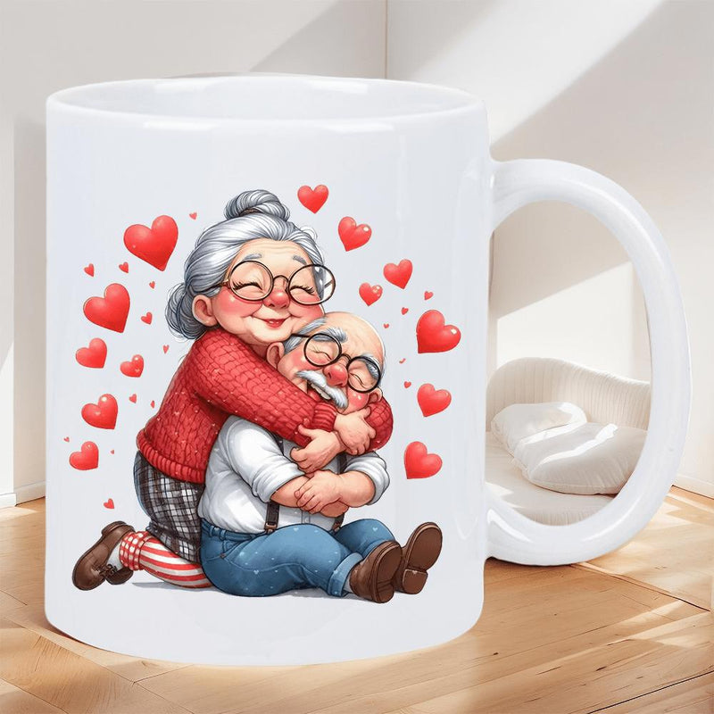 Tailorly White Ceramic 11 oz Mug - Sweet Elderly Couple Embracing Joyfully Surrounded By Floating Bright Red Hearts Couple