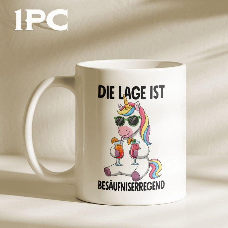 Tailorly White Ceramic 11 oz Mug - Cool Magical Mythical Creature Wearing Sunglasses Holding Two Refreshing Summer Cocktails Unicorn