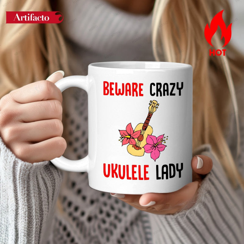 Tailorly White Ceramic 11 oz Mug - Beware Crazy Ukulele Lady Traditional Wooden Instrument With Vibrant Pink Hibiscus Tropical Flowers Ukulele