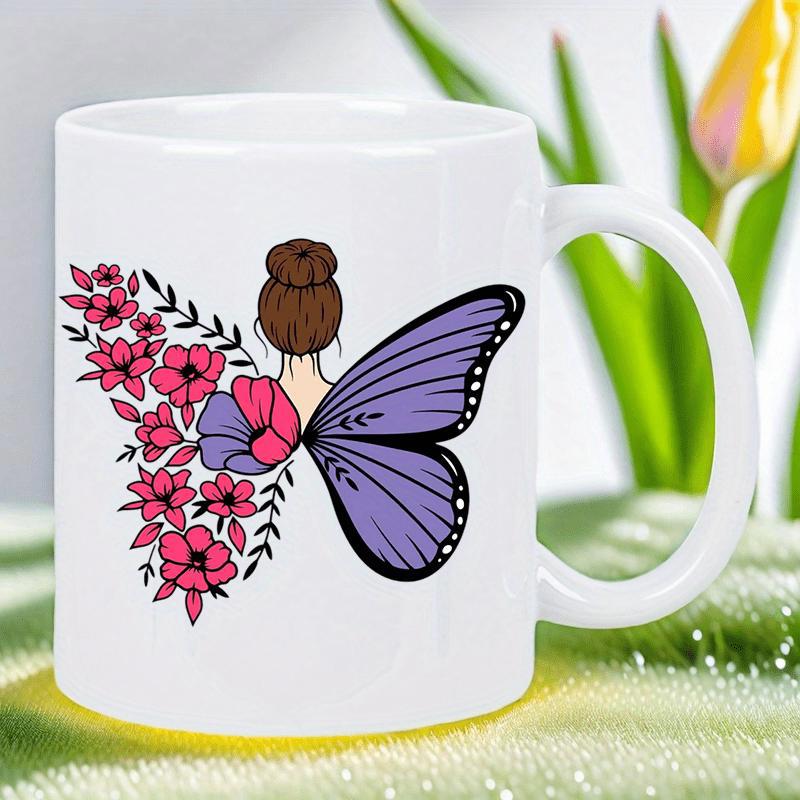 Tailorly White Ceramic 11 oz Mug - Elegant Woman With Bun Hair Between Pink Floral And Purple Monarch Butterfly