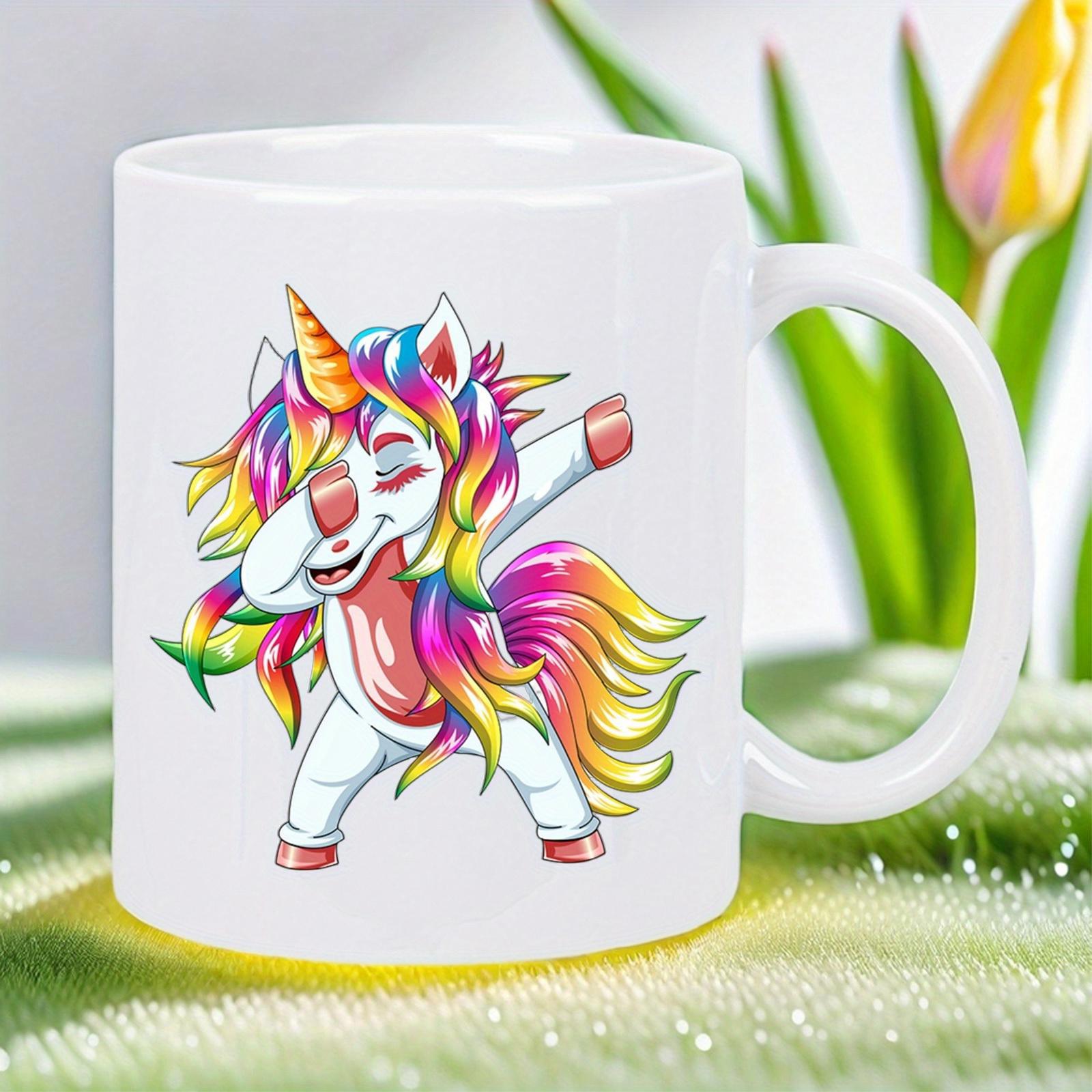 Tailorly White Ceramic 11 oz Mug - Magical Radiant Rainbow Mane Performing A Joyful Energetic Dabbing Move Unicorn