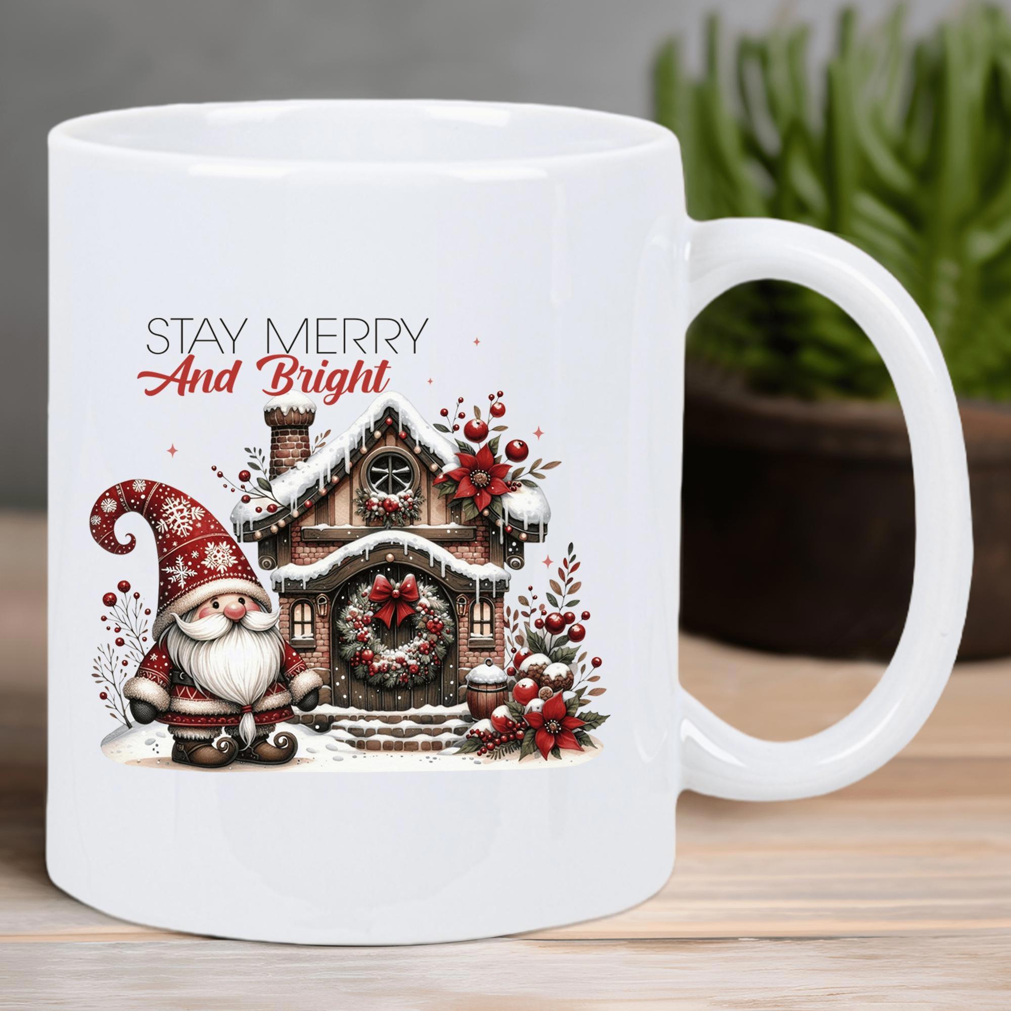 Tailorly White Ceramic 11 oz Mug - Stay Merry And Bright Adorable Festive Gnome Standing Beside A Snow Covered Winter Cottage