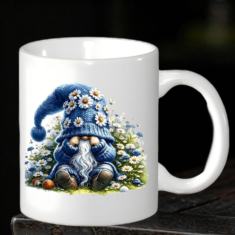 Tailorly White Ceramic 11 oz Mug - Charming Blue Knitted Hat Sitting Among Fresh White Daisy Garden Gnome