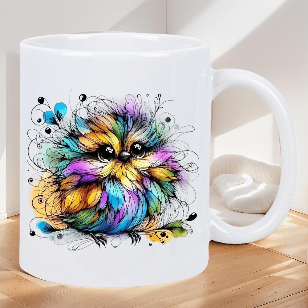 Tailorly White Ceramic 11 oz Mug - Vibrant Colorful Watercolor Feathers With Whimsical Artistic Splatters And Large Expressive Eyes Bird