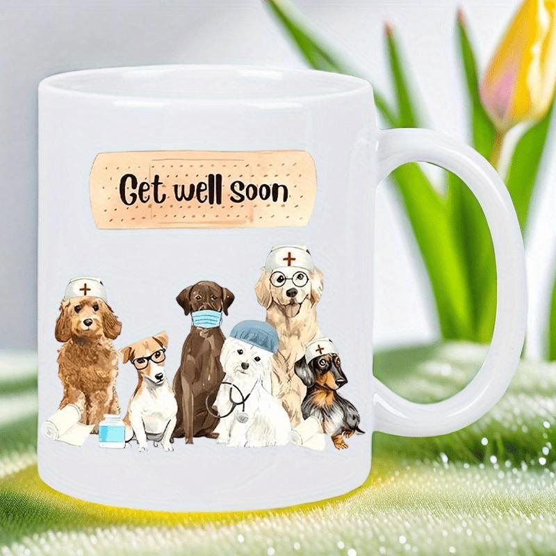 Tailorly White Ceramic 11 oz Mug - Get Well Soon Adorable Medical Team Puppies Wearing Stethoscopes And Nursing Caps Dog