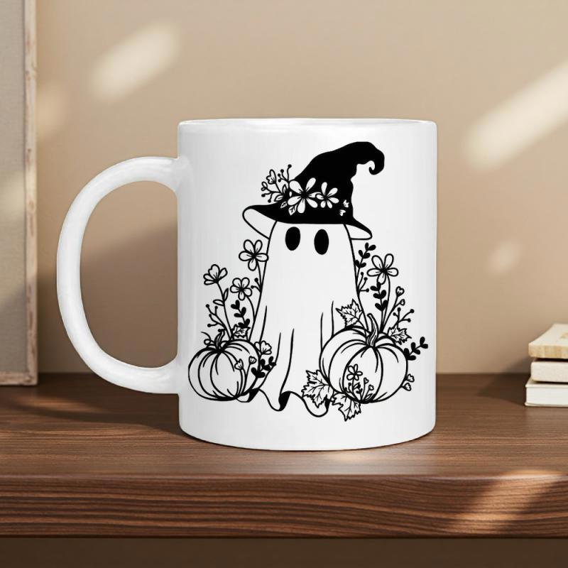 Tailorly White Ceramic 11 oz Mug - Whimsical Spirit Wearing Floral Witch Hat Among Autumn Pumpkins And Flowers Ghost