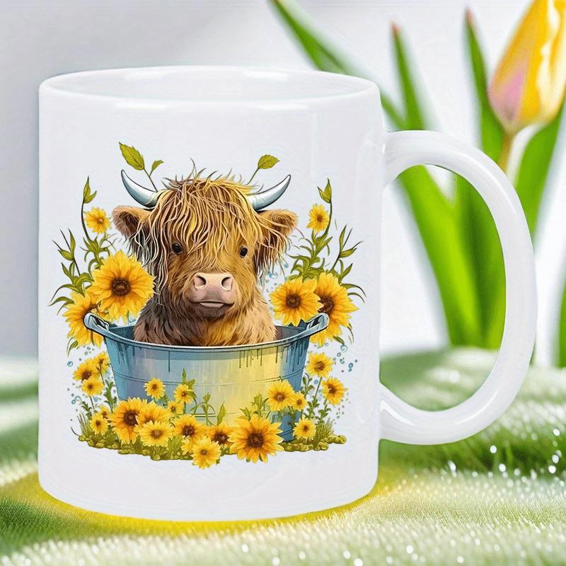 Tailorly White Ceramic 11 oz Mug - Fluffy Highland Calf Sitting In Blue Tub Among Vibrant Yellow Blooming Sunflowers Cow