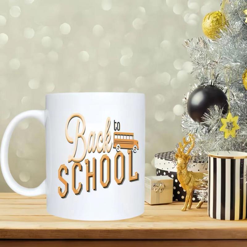 Tailorly White Ceramic 11 oz Mug - Back To School Artistic Typography Accompanied By A Classic Yellow Education Theme School Bus