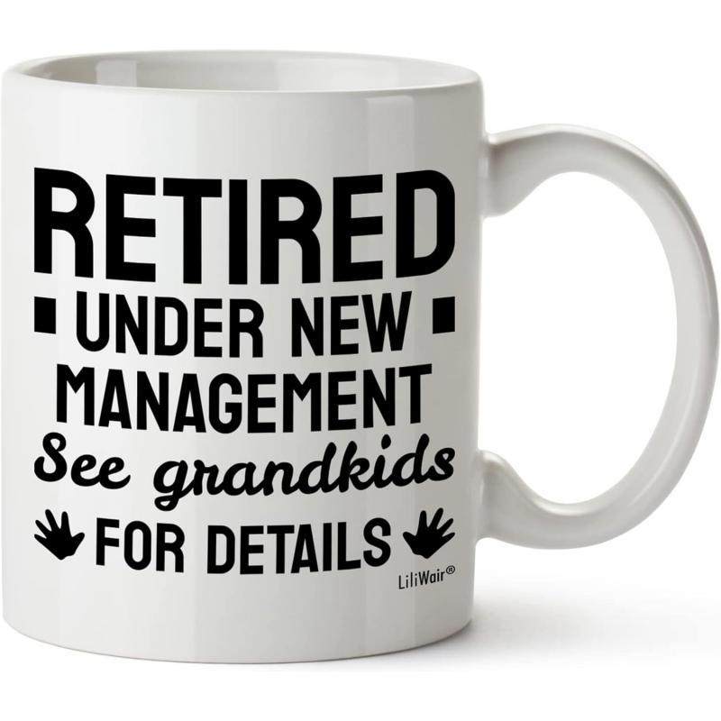 Tailorly White Ceramic 11 oz Mug - Retired Under New Management See Grandkids For Details Bold Black Typography Featuring Small Cute Handprints Minimalist
