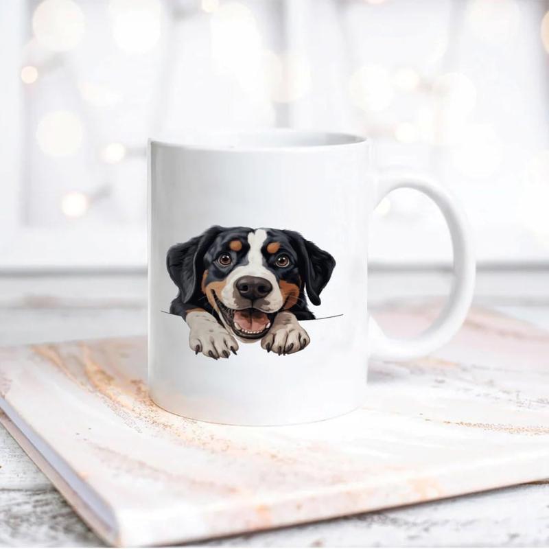 Tailorly White Ceramic 11 oz Mug - Friendly Bernese Mountain Animal Peeking Over Edge With Tiny Paws Dog