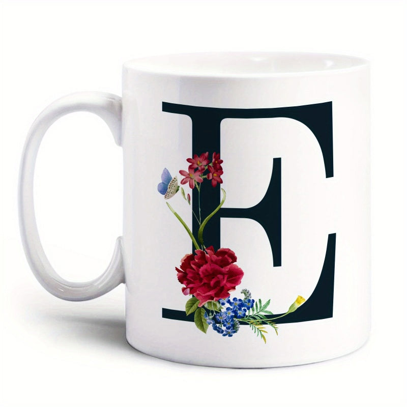 Tailorly White Ceramic 11 oz Mug - E Elegant Botanical Design With Blooming Roses And Blue Butterfly Mug