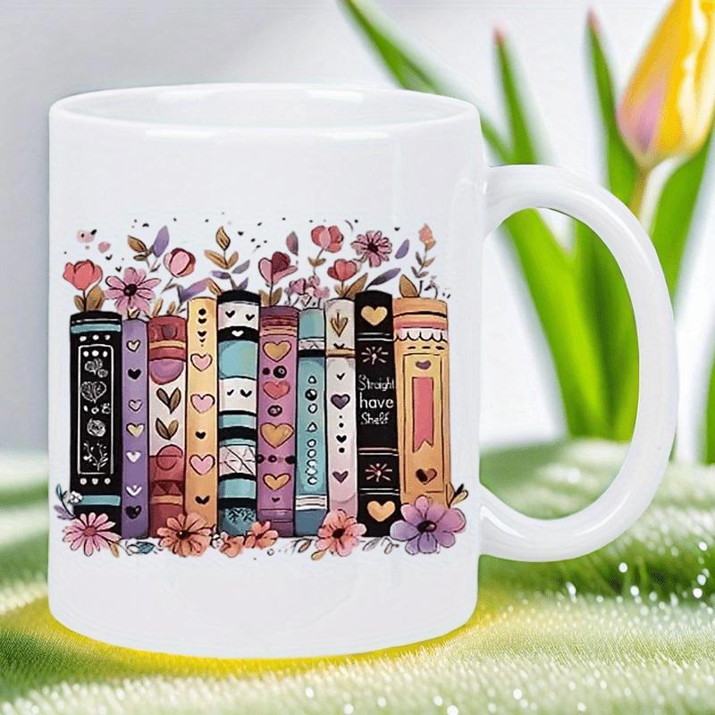 Tailorly White Ceramic 11 oz Mug - Delicate Hand Drawn Artistic Illustration With Hearts And Blooming Floral Flowers Books