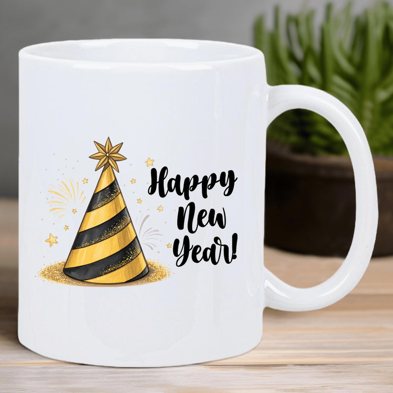 Tailorly White Ceramic 11 oz Mug - Happy New Year Festive Yellow And Black Striped Party Hat With Sparkling Golden Stars Hat